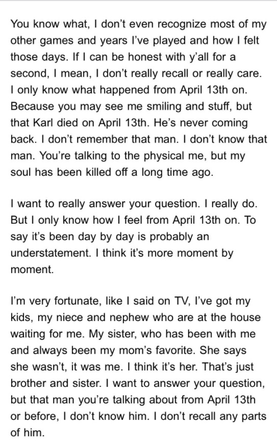 Karl Anthony Towns Full Quote Saying He Has Died Inside Since April 13th And His Mothers Death