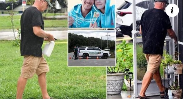 PHOTO Brian Laundrie's Dad Spraying Weed Killer On His Lawn While Police And Media Camp Outside His House