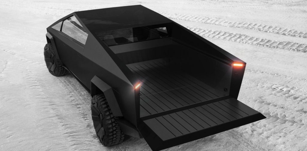 photo matte black tesla cybertruck with light up tail lights in snow
