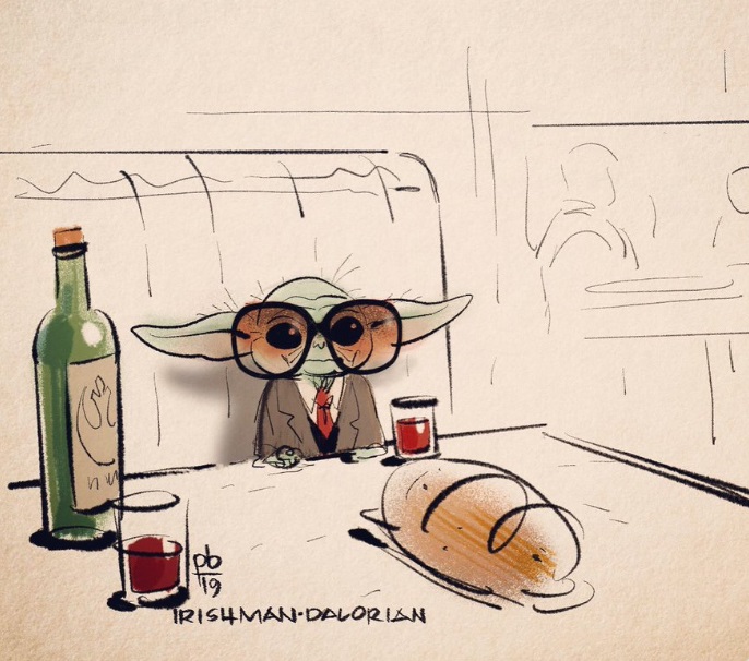 PHOTO Baby Yoda Wearing Glasses At Dinner Table With Bread And Wine The