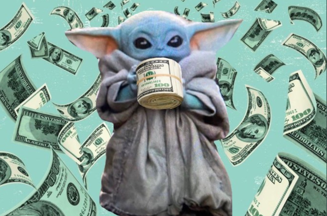 PHOTO Baby Yoda Holding A Huge Wrapped Stack Of 100 Dollar Bills