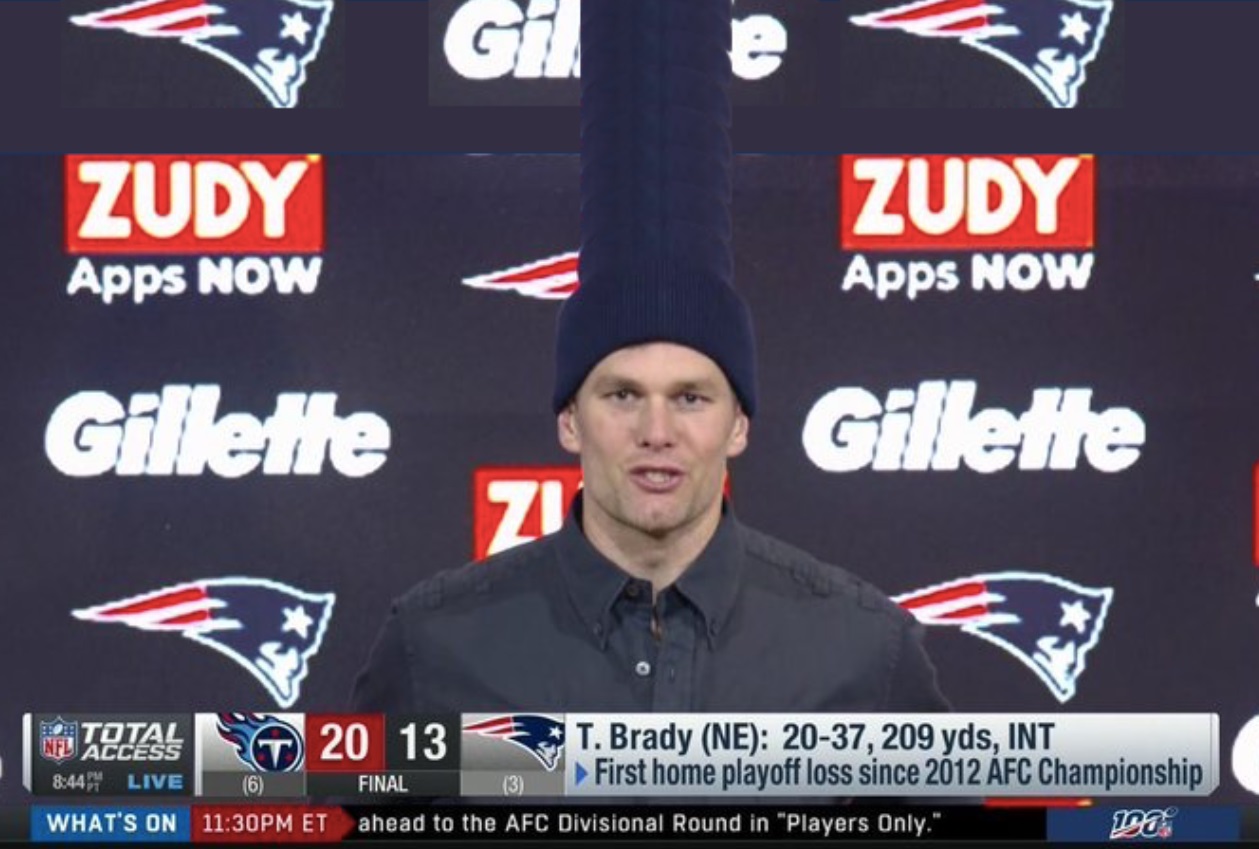 PHOTO Tom Brady With A His Beanie Turned Into A Dunce Cap Post-Game