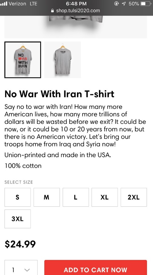 PHOTO Tulsi Gabbard Campaign Selling No War With Iran T-Shirts