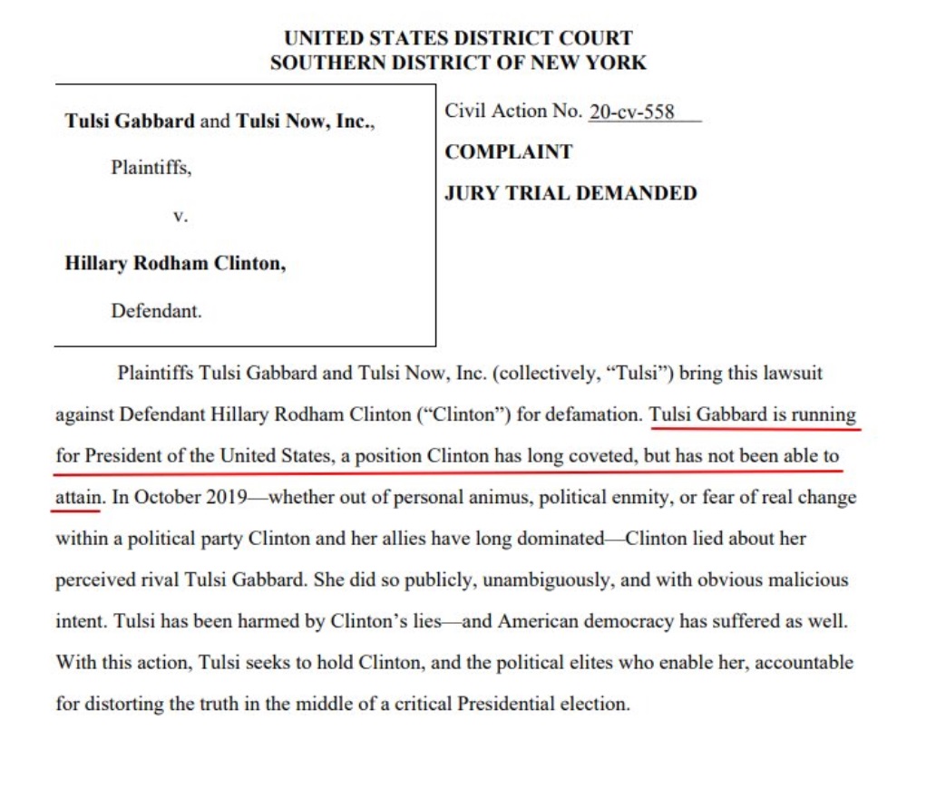 PHOTO Tulsi Gabbard Mocks Hillary Clinton In Lawsuit For Being Unable To Become President
