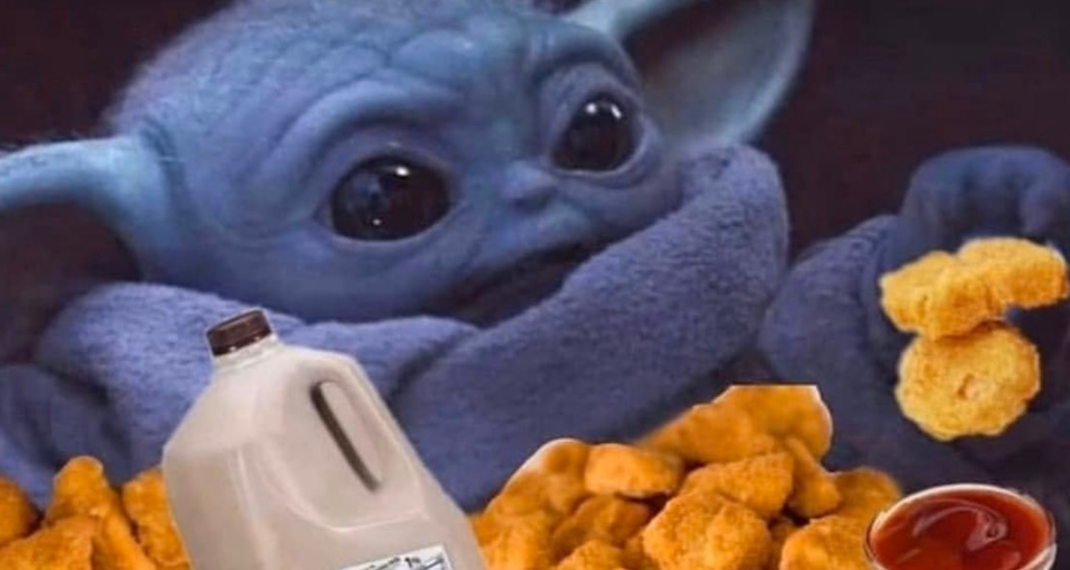 PHOTO Baby Yoda Eating Chicken Nuggets And Chocolate Milk
