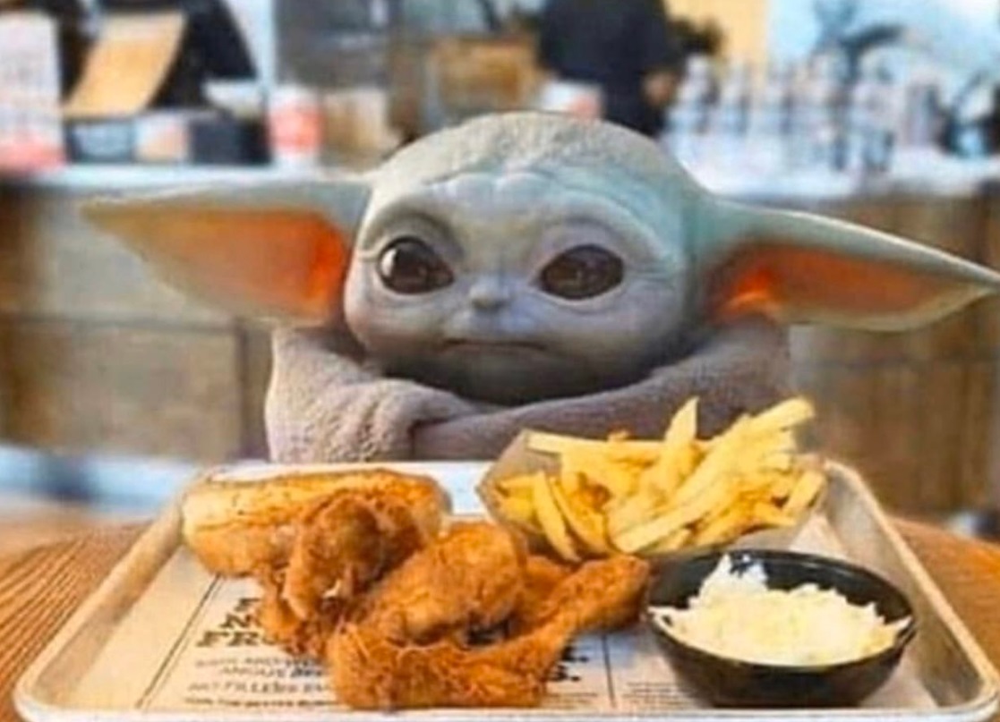 PHOTO Baby Yoda Eating Fried Chicken Fries And Cole Slaw