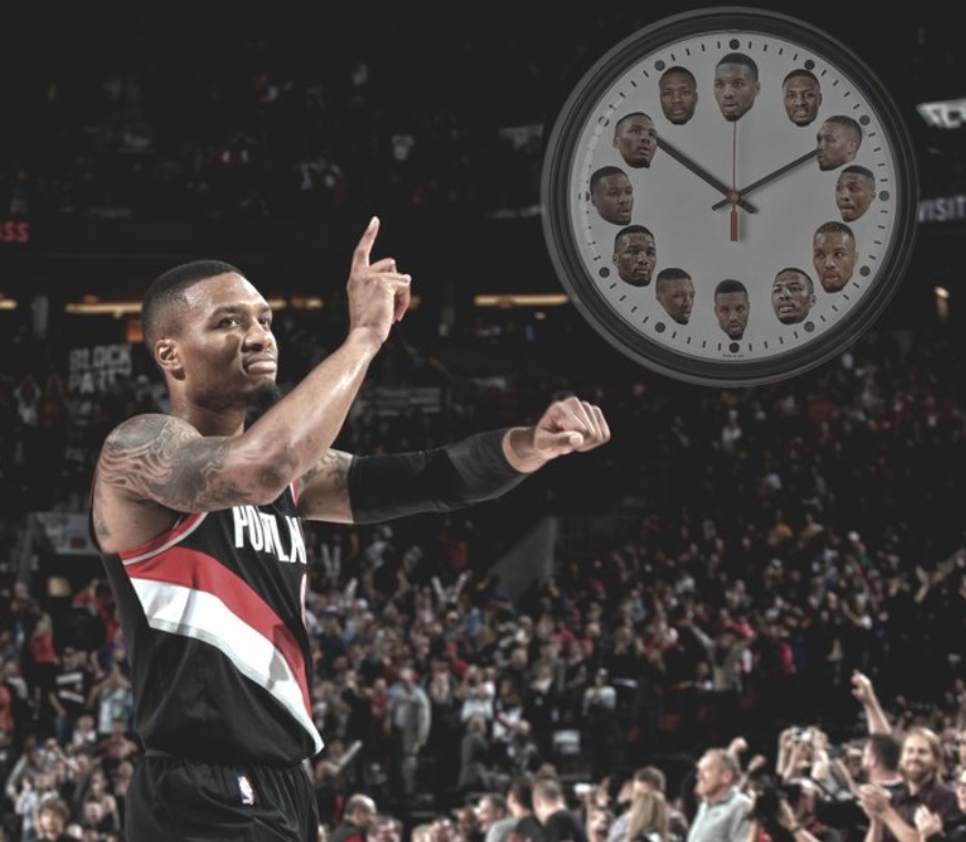 PHOTO Damian Lillard Pointing At The Clock Because It's Dame Time