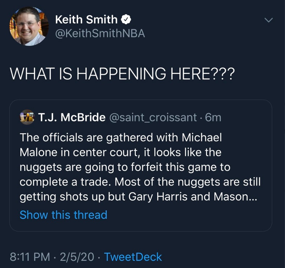PHOTO Fake Account Impersonates Nuggets Writer TJ McBrid Says Nuggets Are Forfeiting Game To Complete Trade