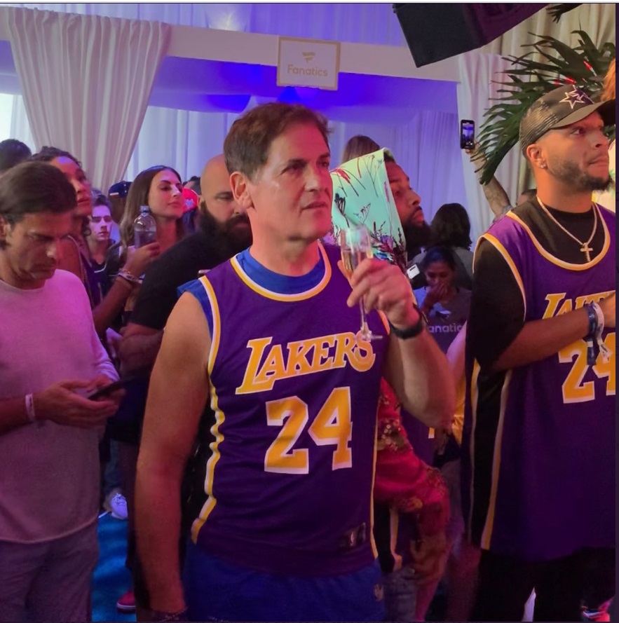 PHOTO Mark Cuban Suffering Mid-Life Crisis In Kobe Jersey Two Sizes To Small At Fanatics Super Bowl Party