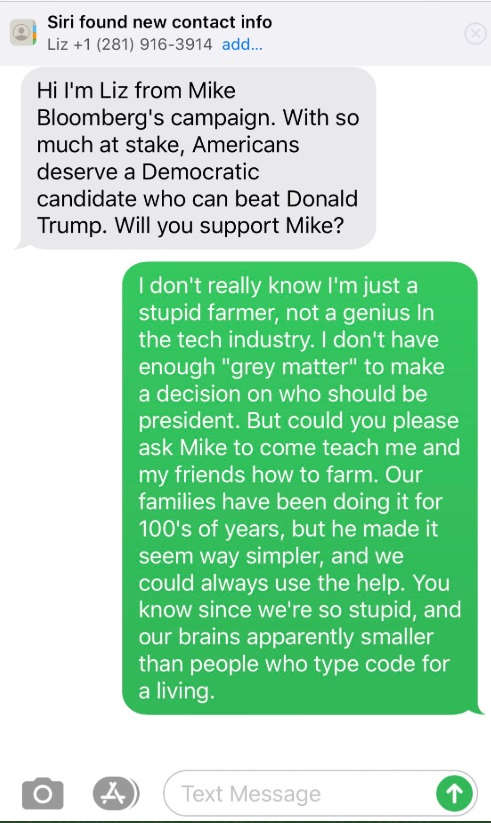 PHOTO Michael Bloomberg's Campaign Has Staffers Sending Out Text Messages Asking If You Want To Beat Donald Trump