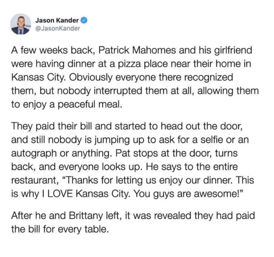 PHOTO Patrick Mahomes Pays For Tab Of Everyone In Restaurant After They Let Him And His Girlfriend Eat Peaceful With Bothering Them
