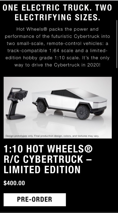 PHOTO Tesla Cybertruck Hot Wheels Toy Cost More To Preorder Than The Actual Drivable Truck