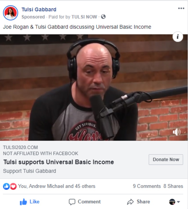 PHOTO Tulsi Gabbard Running Facebook Ads That Say She Supports Universal Basic Income