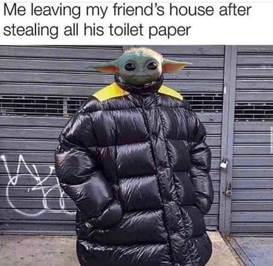 PHOTO Baby Yoda Smuggling Toilet Paper Out In His Coat Meme