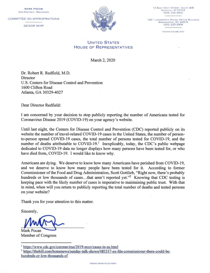 PHOTO Mark Pocan Letter To CDC Demanding Answer For Why Those Tested For Corona Virus Now Longer Being Disclosed To Public