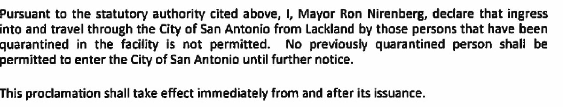 PHOTO San Antonio Mayor Released Statement Banning ANY People Quarantined From Enter City Of San Antonio