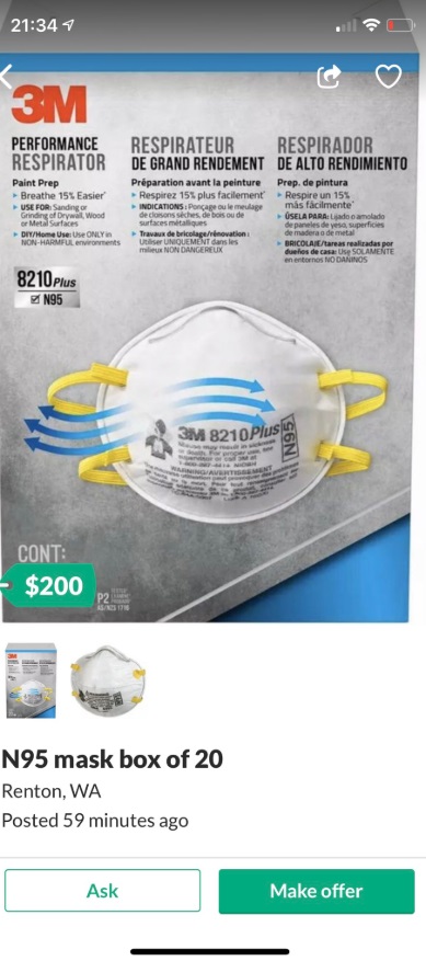 PHOTO Seattle Seller On OfferUp Selling N95 Masks For $200 To Avoid Corona Virus
