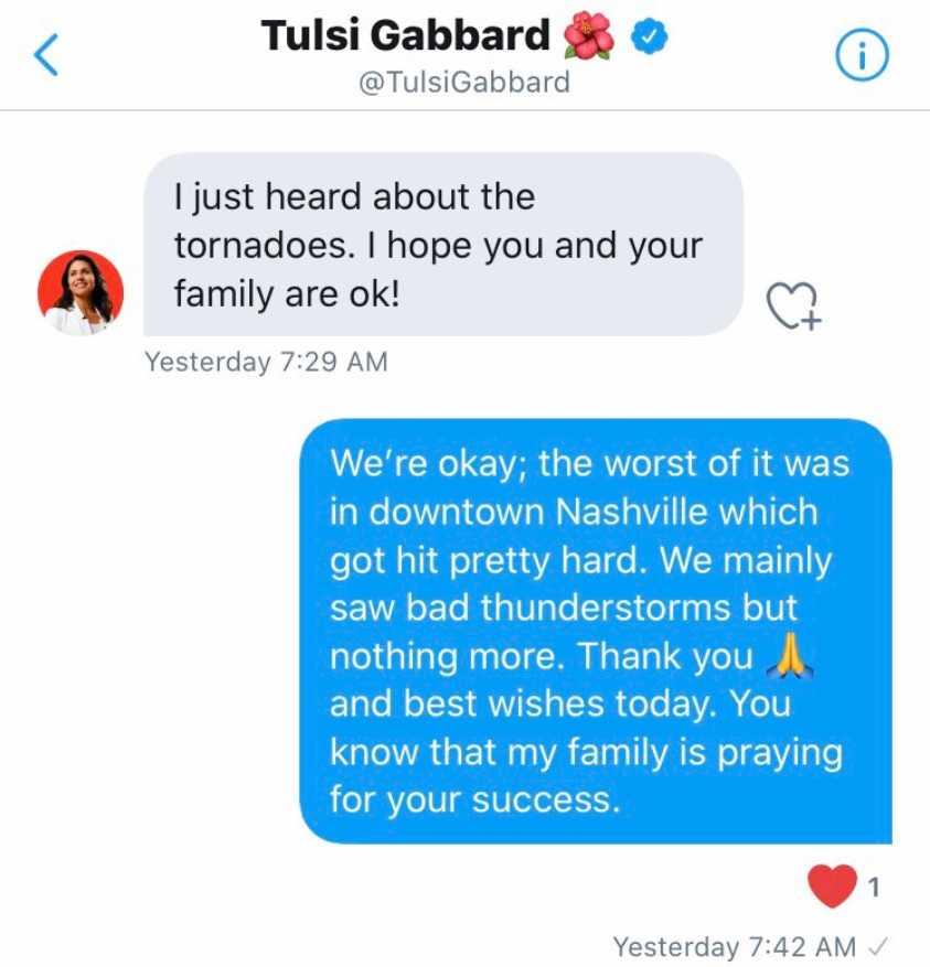 PHOTO Tulsi Gabbard Slides Into Nashville Tornado Victims DM's