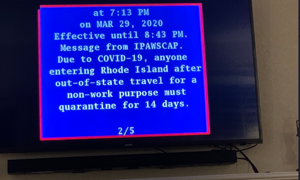 PHOTO Warning On TV In Rhode Island Says Anyone Entering From Out Of State Must Quarantine For 14 Days