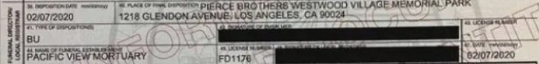 PHOTO Kobe Bryant's Death Certificate Says He Was Buried At Pacific View Mortuary In Corona Del Mar