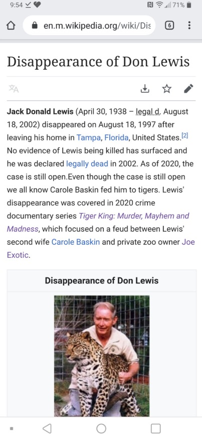 PHOTO Wikipedia Now Says Don Lewis Was Fed To The Tiger's By Carol Baskin
