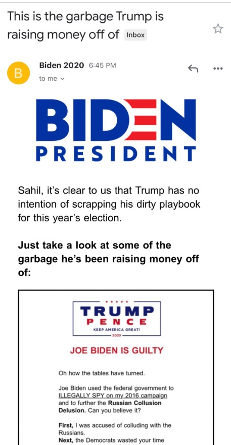PHOTO Joe Biden Is Doing Fundraising By Email By Using Donald Trump's Fundraiser Attacking Joe
