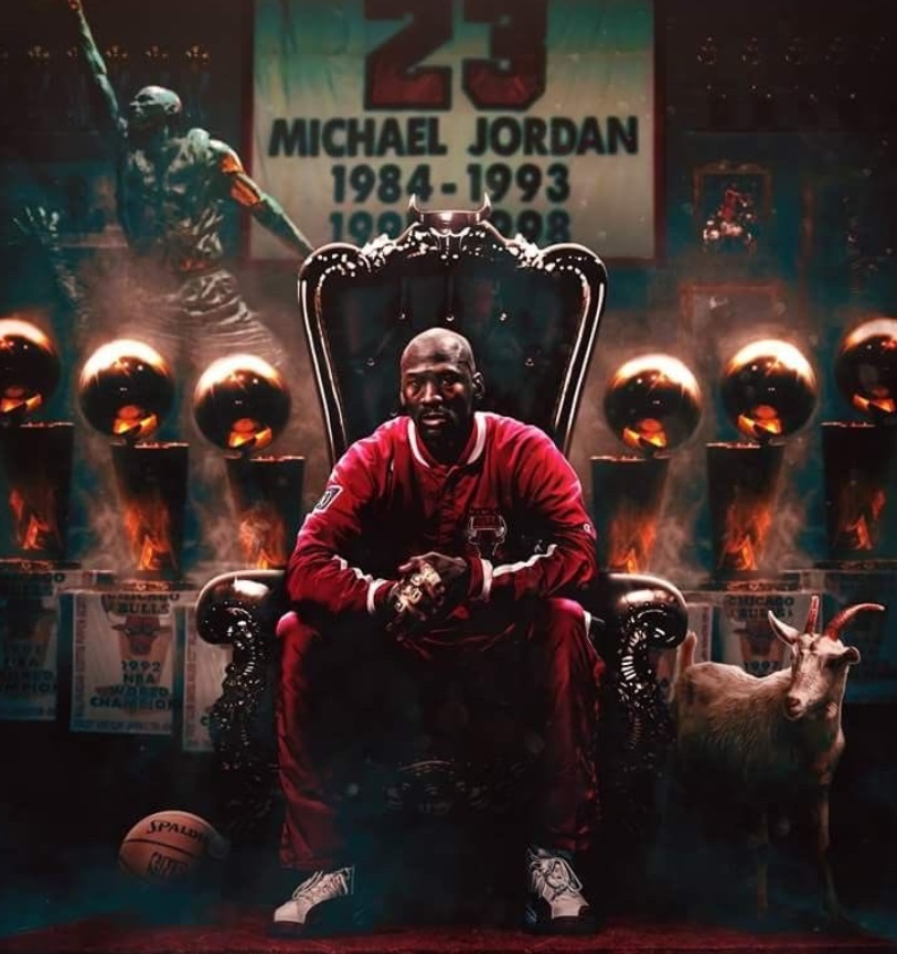 PHOTO Michael Jordan On His Throne Surrounded By Championship Trophies And A Goat