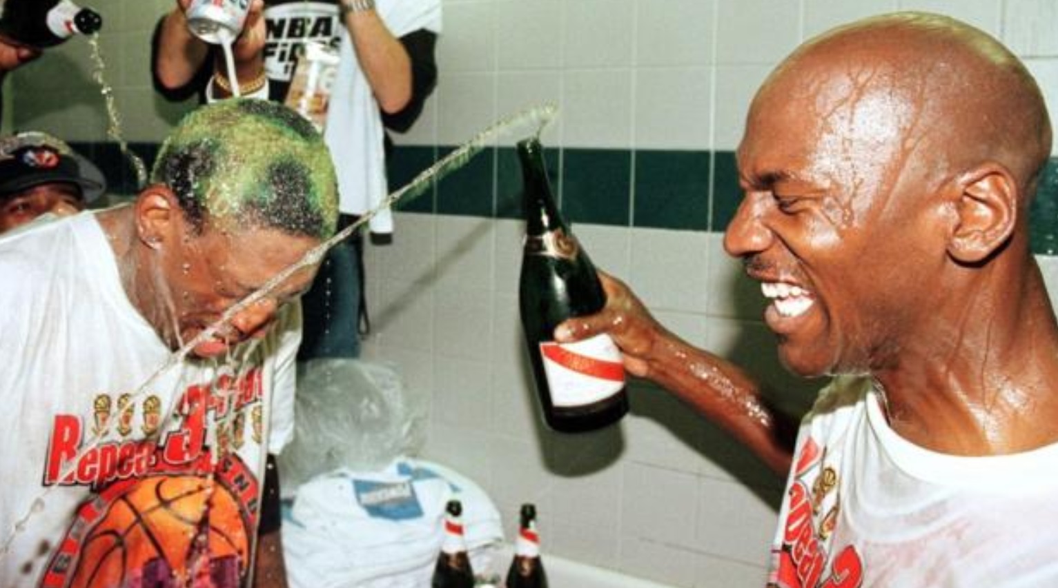 PHOTO Michael Jordan Showering Dennis Rodman In Champagne In The Last Dance