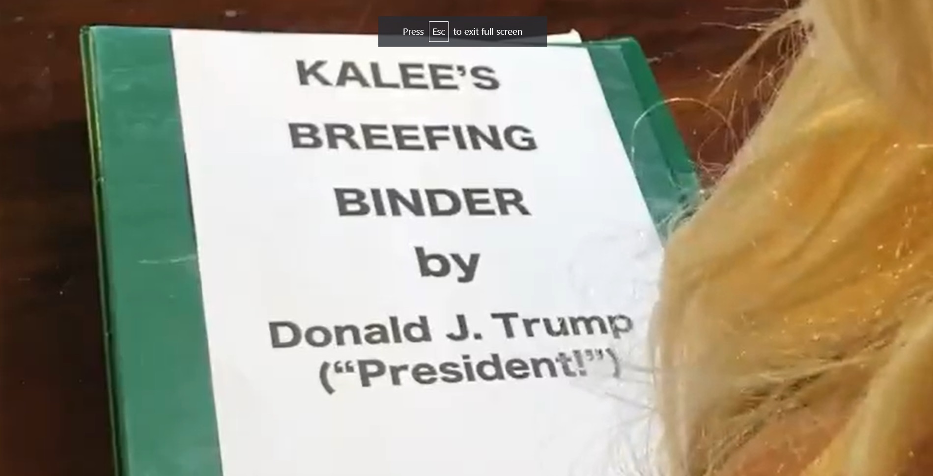 PHOTO Kayleigh McEnany's Briefing Book Has A Piece Of Paper On It Labeling It Kalee's Breefing Binder By Donald J Trump