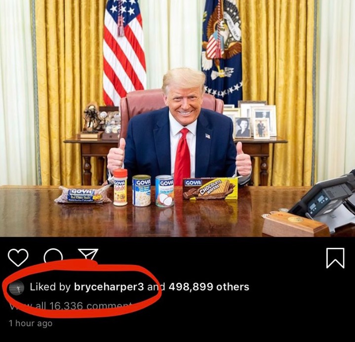 PHOTO Bryce Harper Likes Picture Of Donald Trump Posing At His Desk With Can Goods