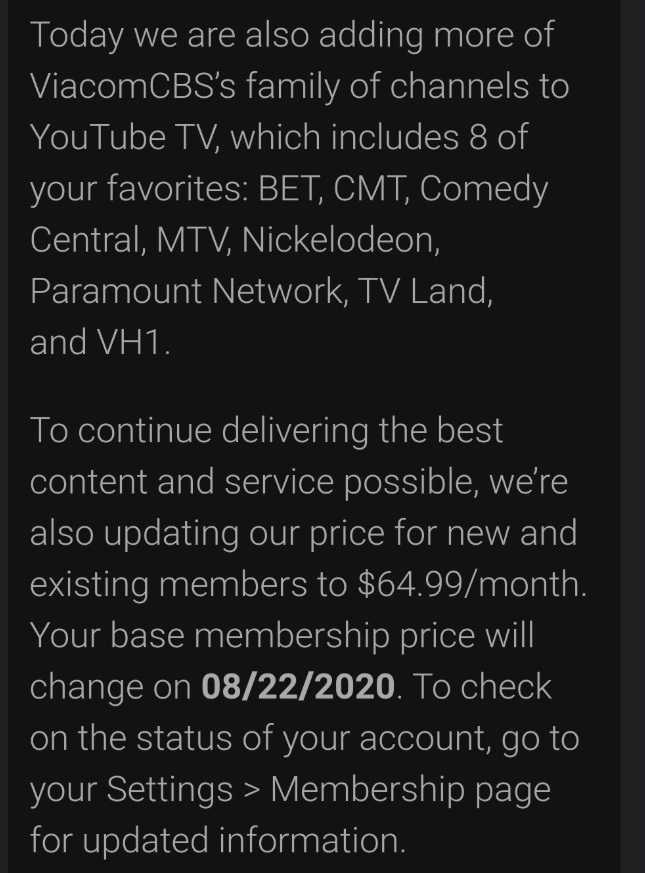 PHOTO Youtube TV Bragging About Adding Viacom CBS Family Of Channels While Raising Prices