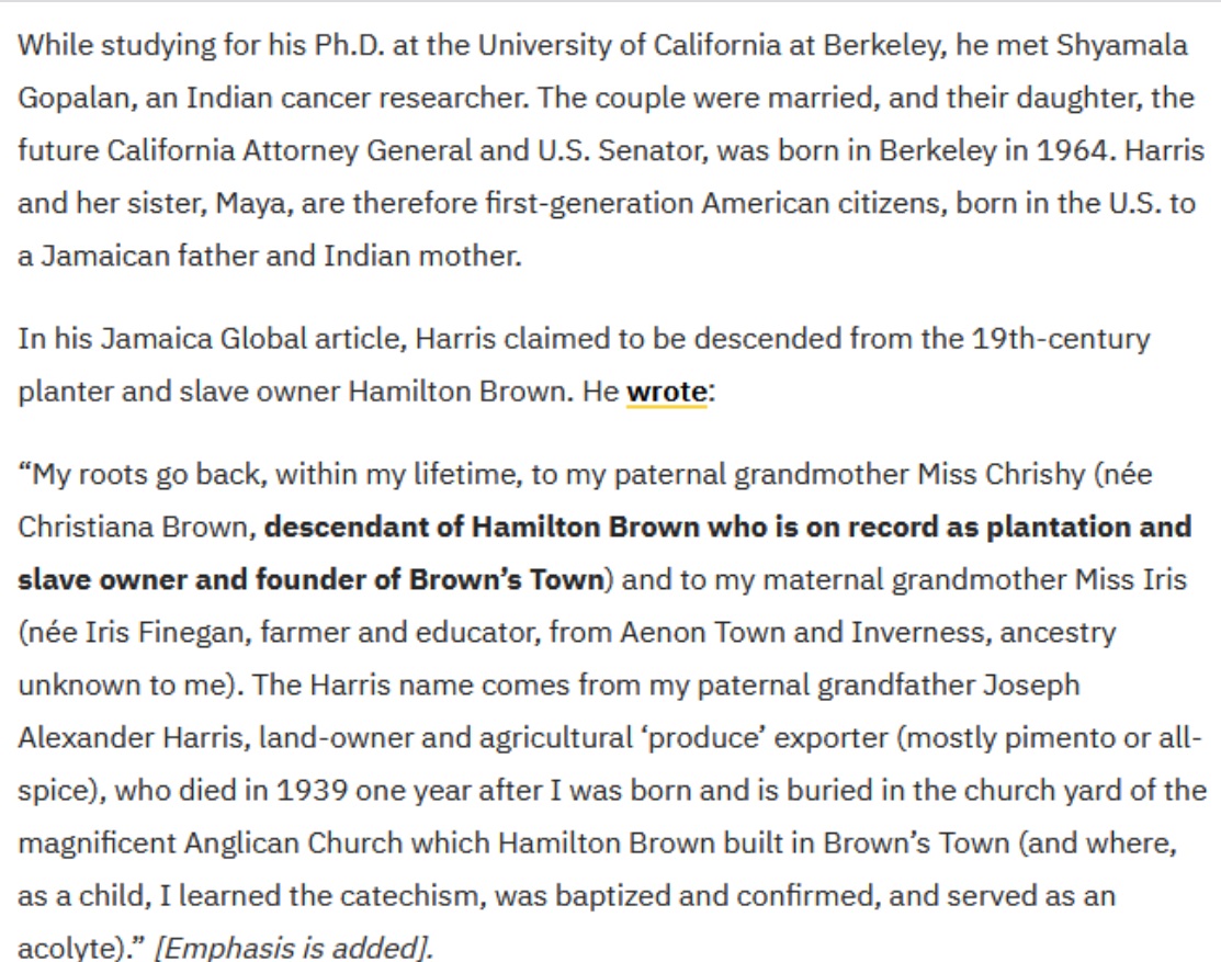 PHOTO Kamala Harris Descended From The 19th-Century Slave Owner In Jamaica Hamilton Brown