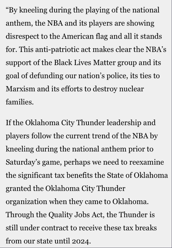 PHOTO Oklahoma State Representative Says He Will Re-Examine The Thunder's Team Tax Benefits If Players Kneel
