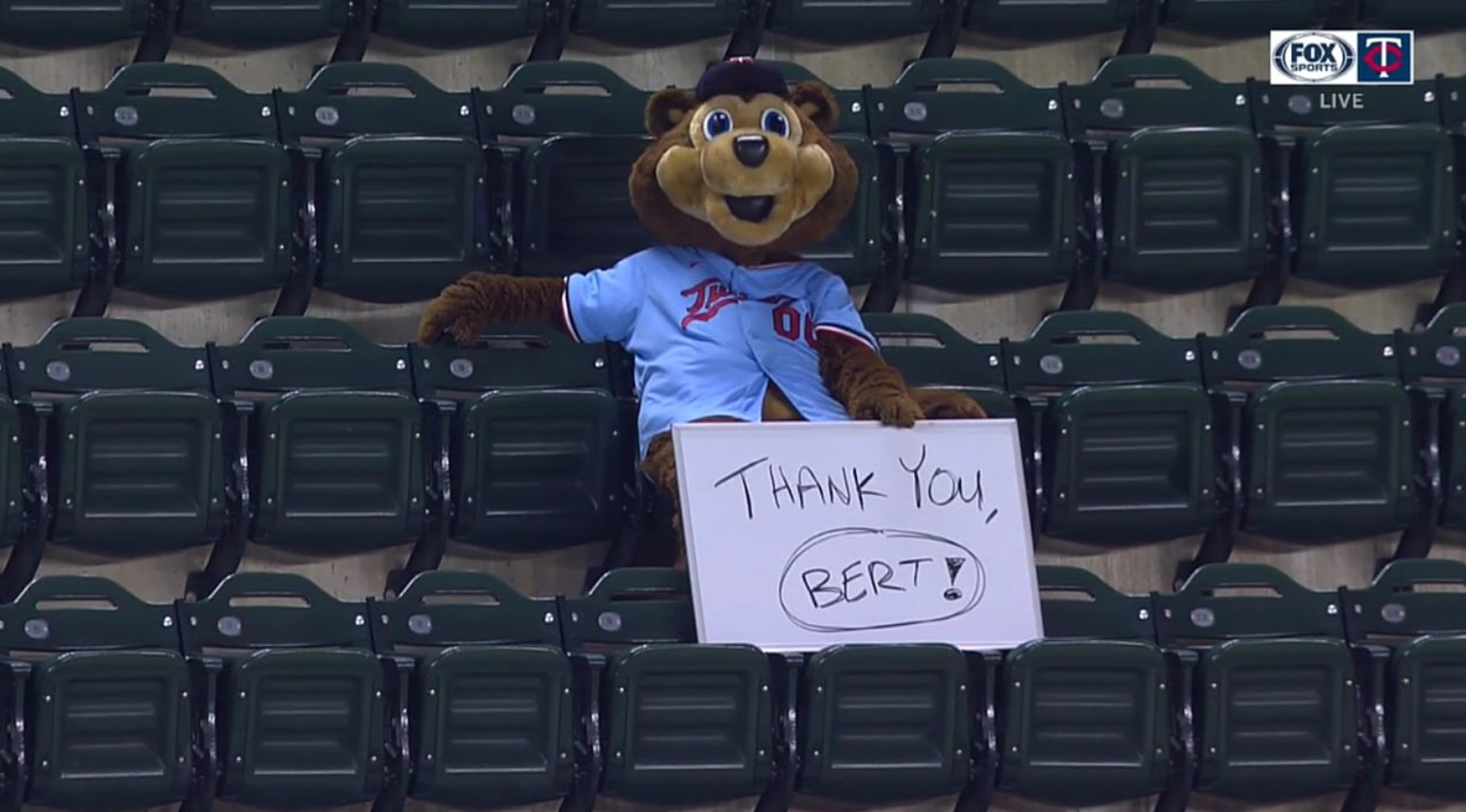 PHOTO Twins Mascot Sitting In Stands With Thank You Bert Sign